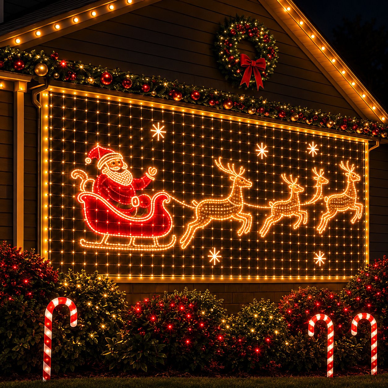 Porch decorated with a curtain-light display