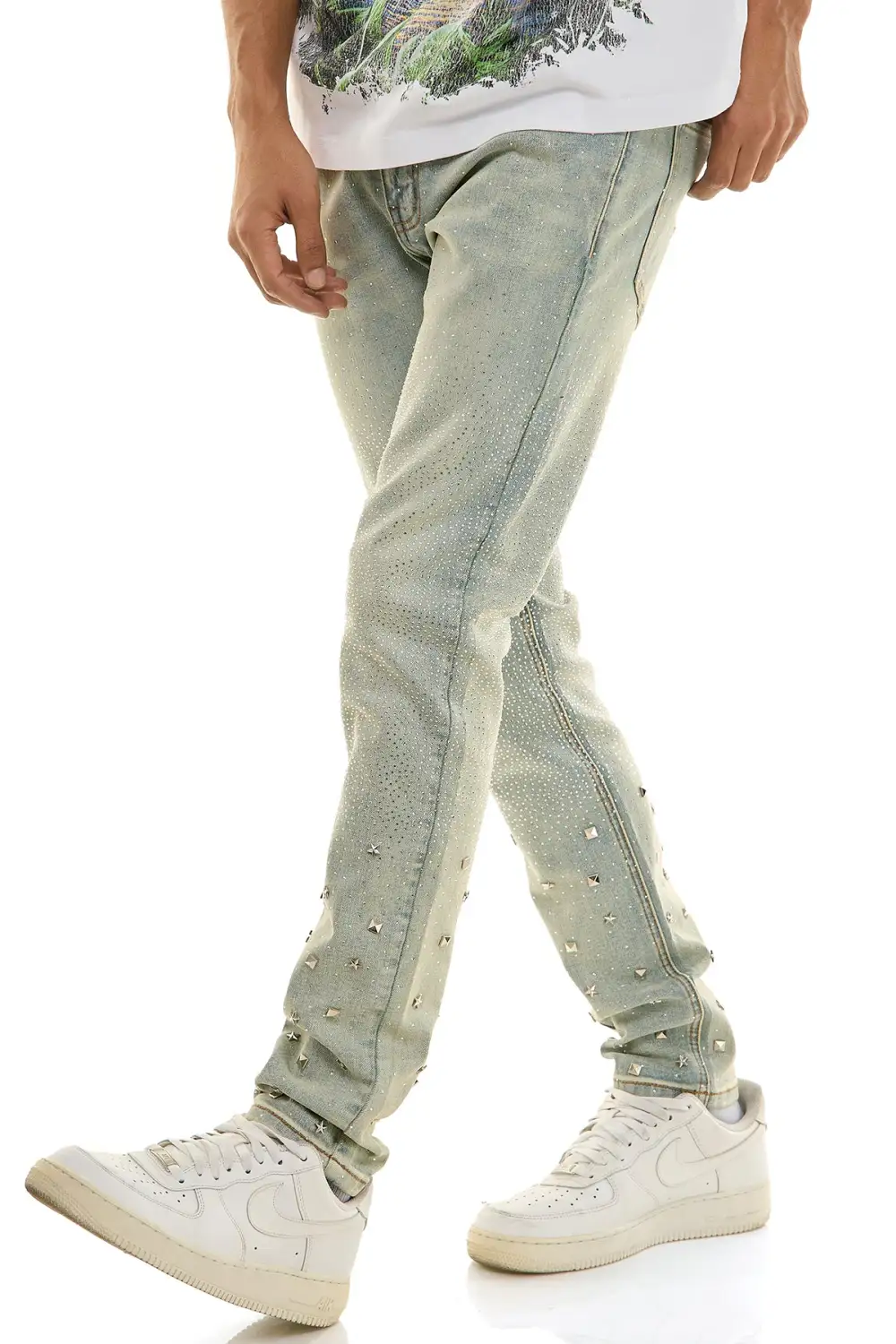 Men's Streetwear Embellished Skinny Zip Detail Jeans
