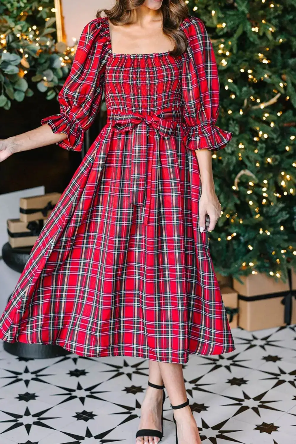 Plaid Smocked Midi Dress