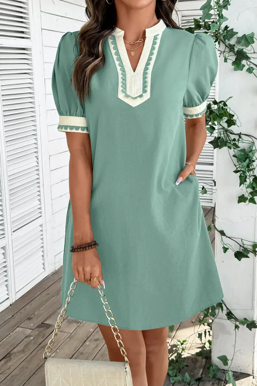 Scallop Trim Puff Sleeve Mini Dress