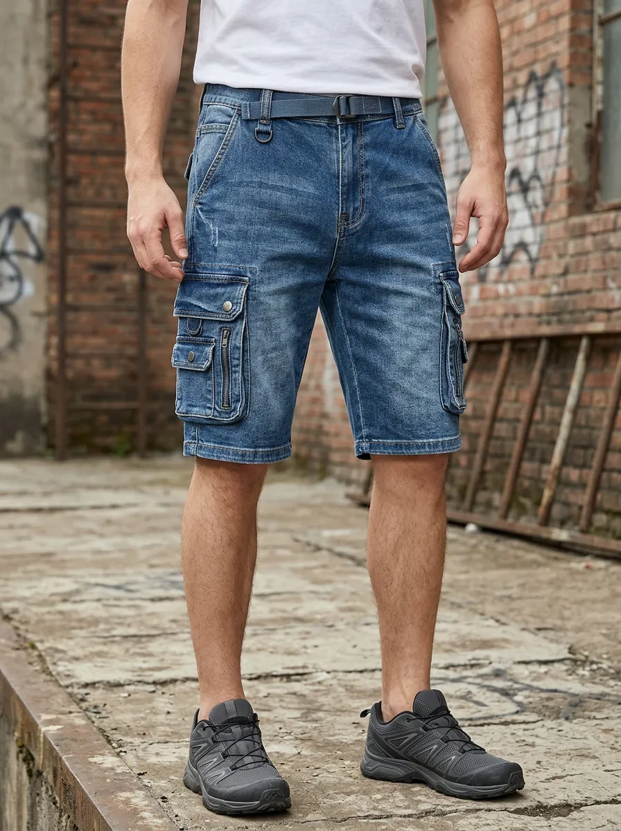 Men's Outdoor Casual Multi-Pocket Washed Denim Cargo Shorts