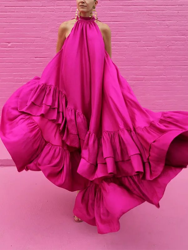 Loose Sleeveless Falbala Stand Collar Maxi Dress
