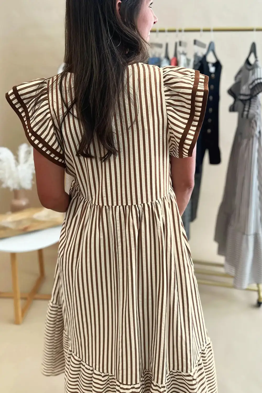 Lightweight Feel Striped V Neck Ruffle Midi Dress