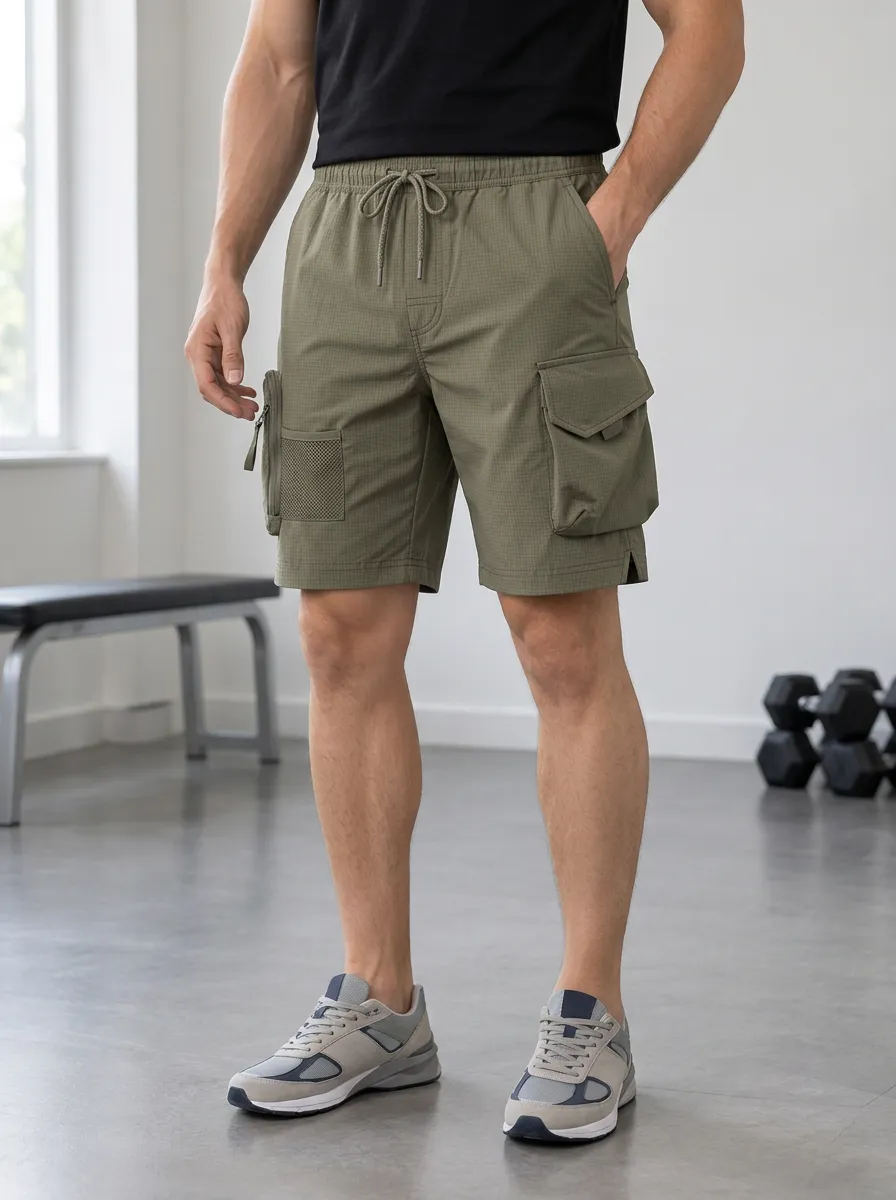 Men's Olive Grid-Texture Cargo Shorts