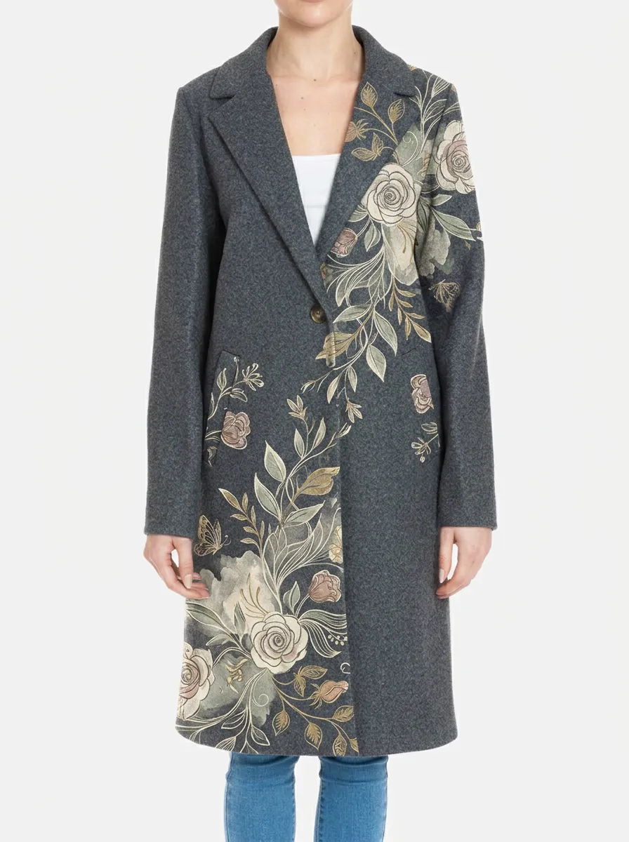 Women's Floral Art Vintage Rose Printed Wool Coat