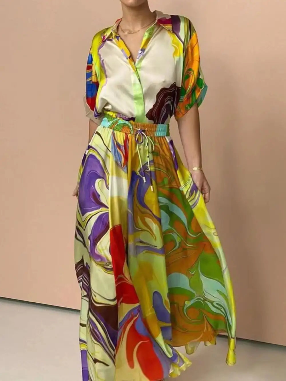 Balanced Button Front Printed Detail Coordinated Set