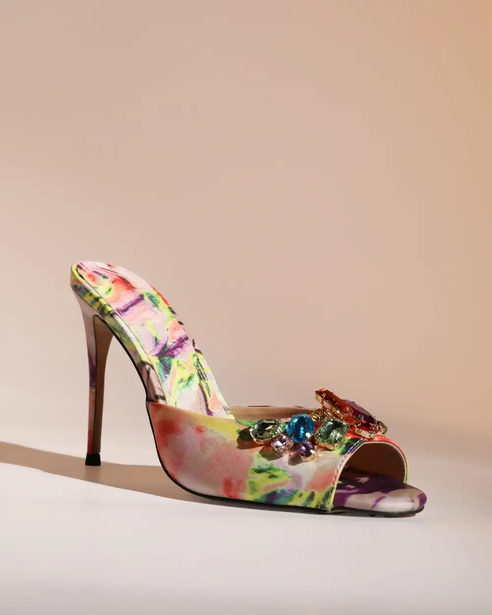 Printed Multicolor Diamond Open Toe Mules