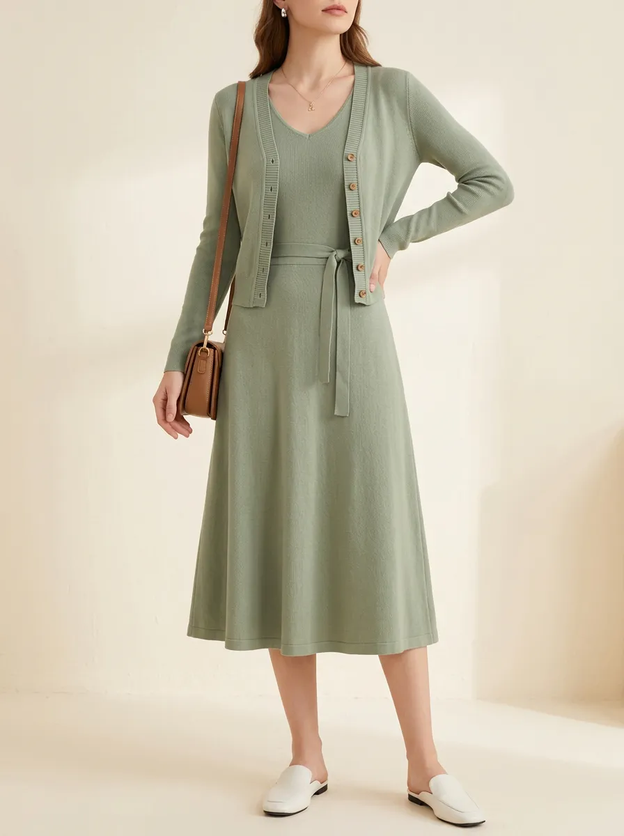 Women's V-Neck Knit Dress and Cardigan Ensemble