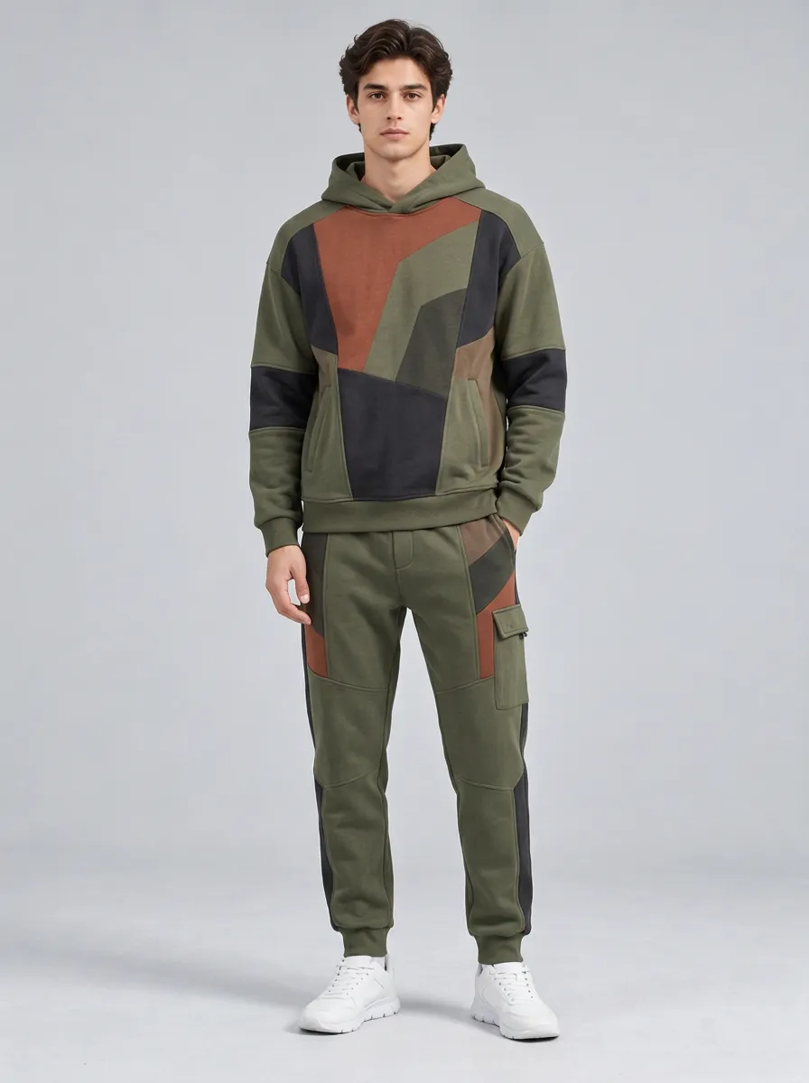 Men's Olive Color-Block Hoodie and Cargo Jogger Set