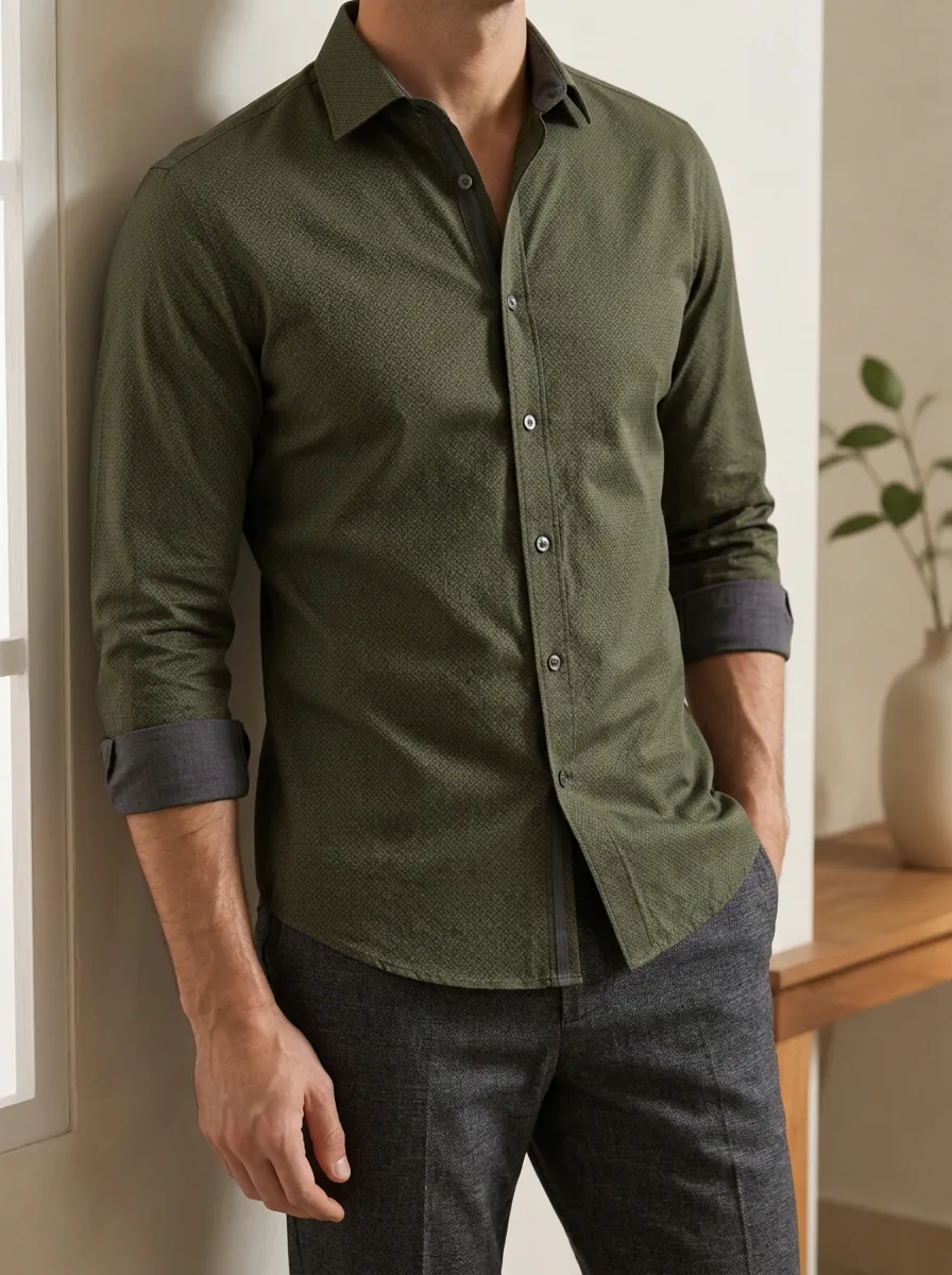 Men's Casual Olive Green Geometric Pattern Printed Slim Fit Shirt