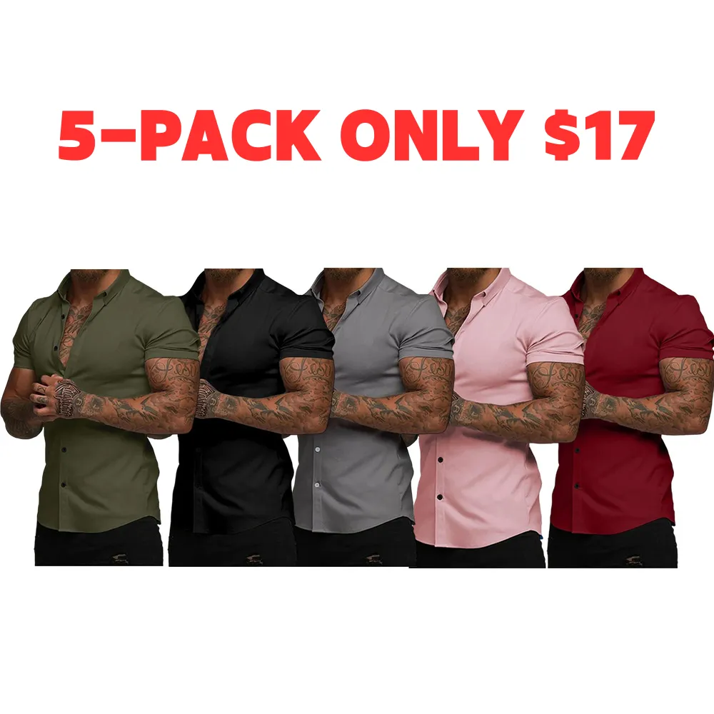 Men's Muscle Fit Dress Shirts Casual Button Down Shirt Short Sleeve Wrinkle-Free Shirts