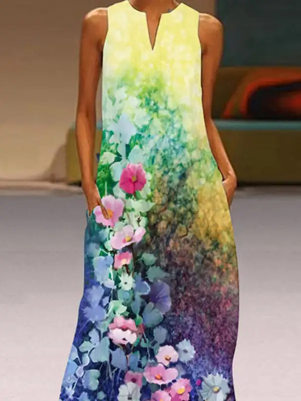 Print Neck Maxi Dress