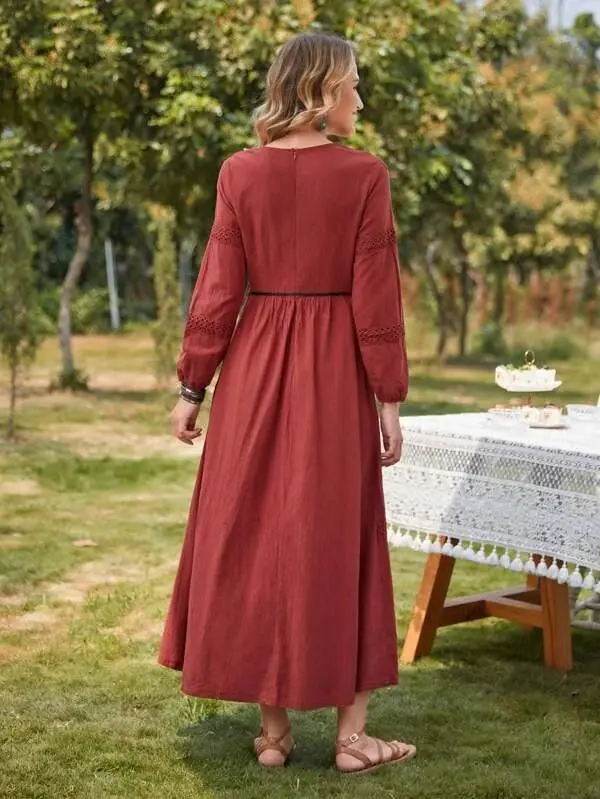 Luludress 2025 Tie Neck Lace Insert Belted Dress