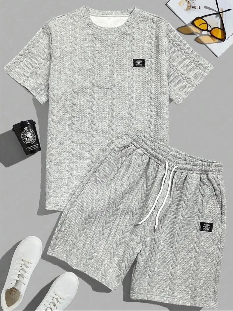 Men's Solid Textured Patched Tee & Drawstring Waist Shorts Set