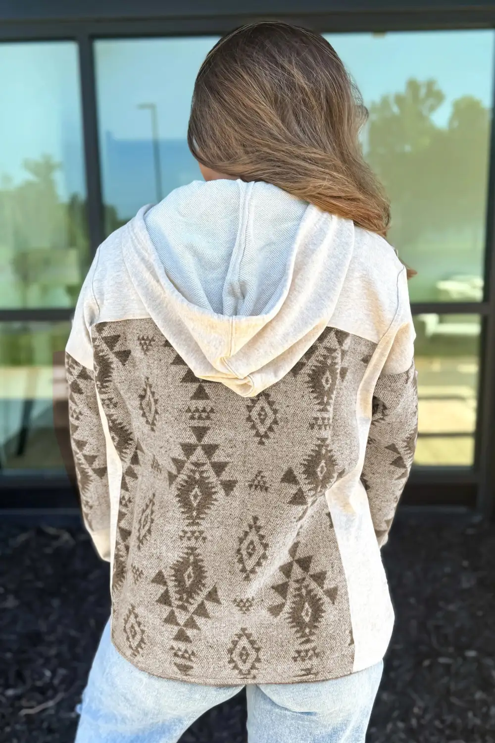 Western Aztec Print Block Patchwork Drawstring Hooded Shirt Jacket