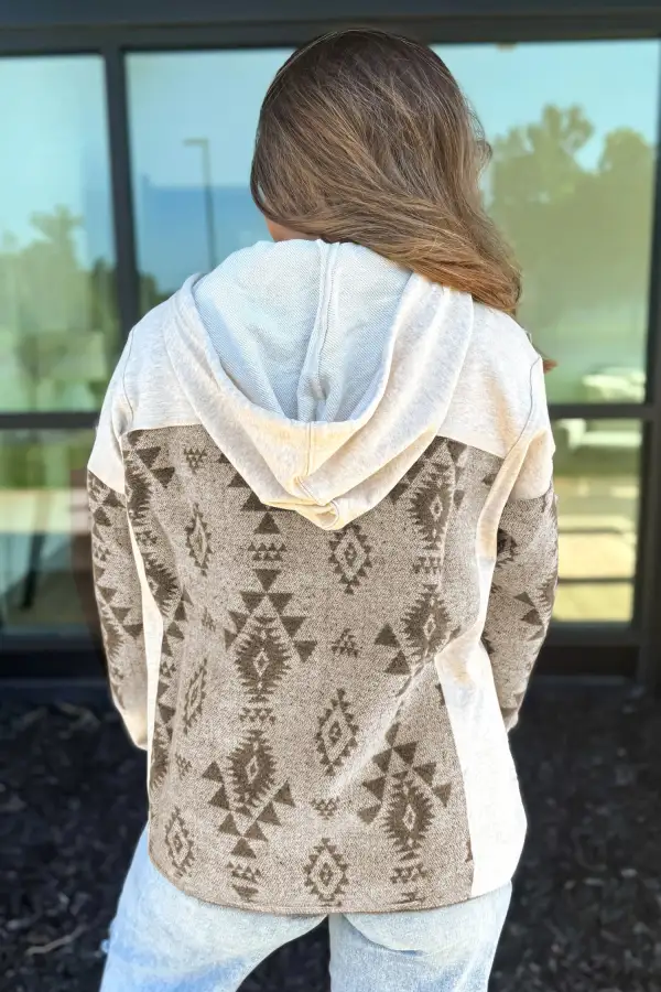 Western Aztec Print Block Patchwork Drawstring Hooded Shirt Jacket