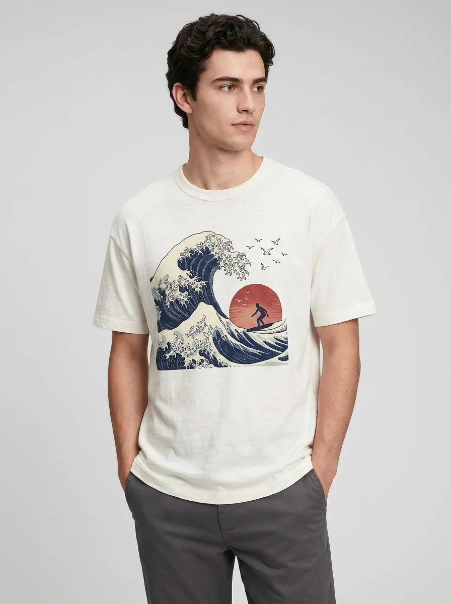 Men's Graphic Print Crewneck T-Shirt with Graphic print on the center chest featuring a wave, sun, and surfer motif