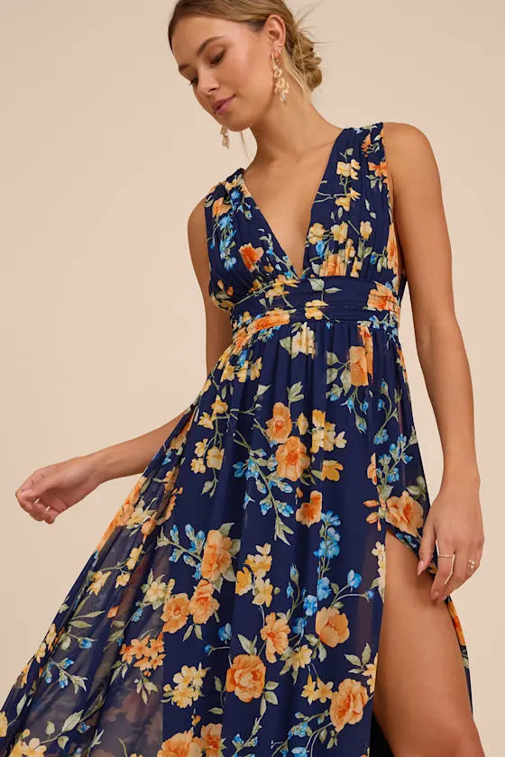 Heavenly Hues Dark Blue Floral Maxi Dress