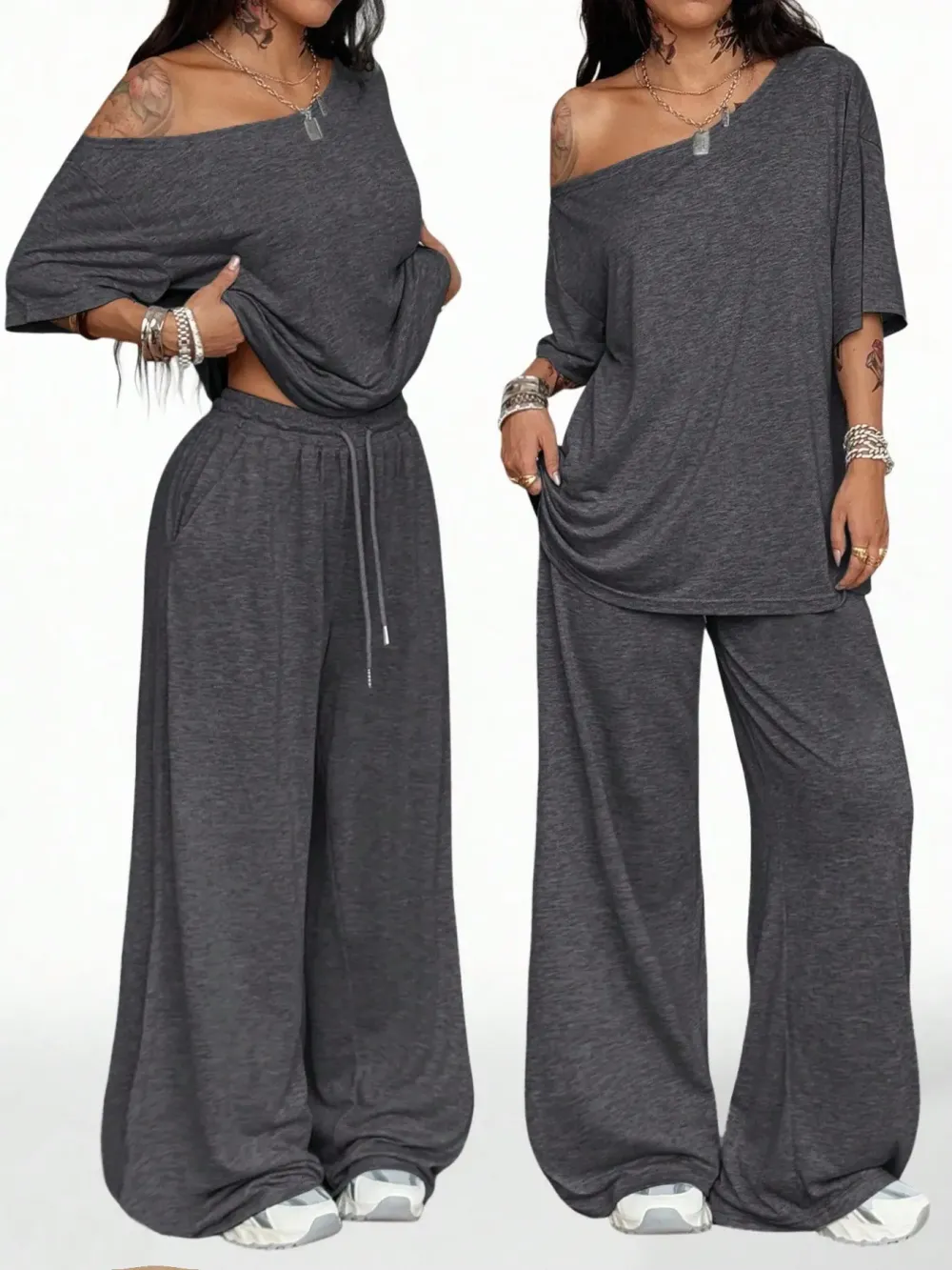 Women’s Casual Two-Piece Set – Wide-Leg Pants & Slant Neck Top