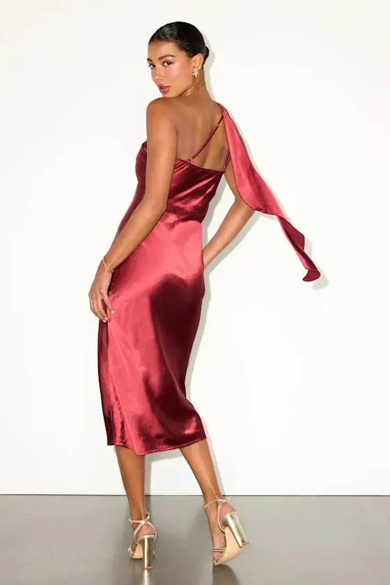 Naima Rust Red Satin One-Shoulder Midi Dress