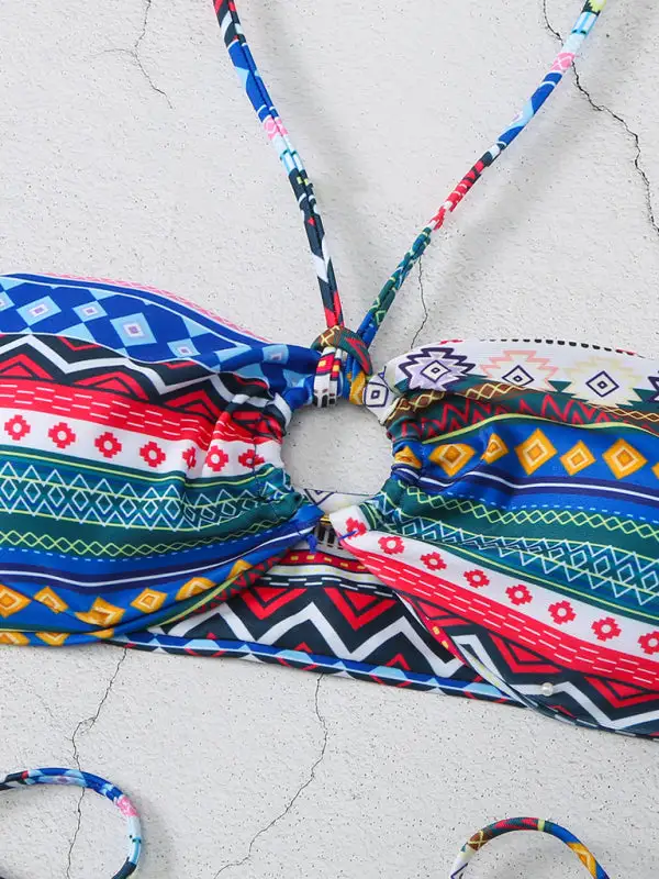 Halterneck Lace Up Adjustable Briefs Printed Swim Set