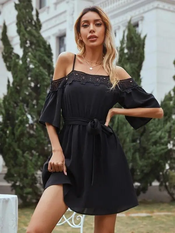 Women Solid Cold Shoulder Belted Dress