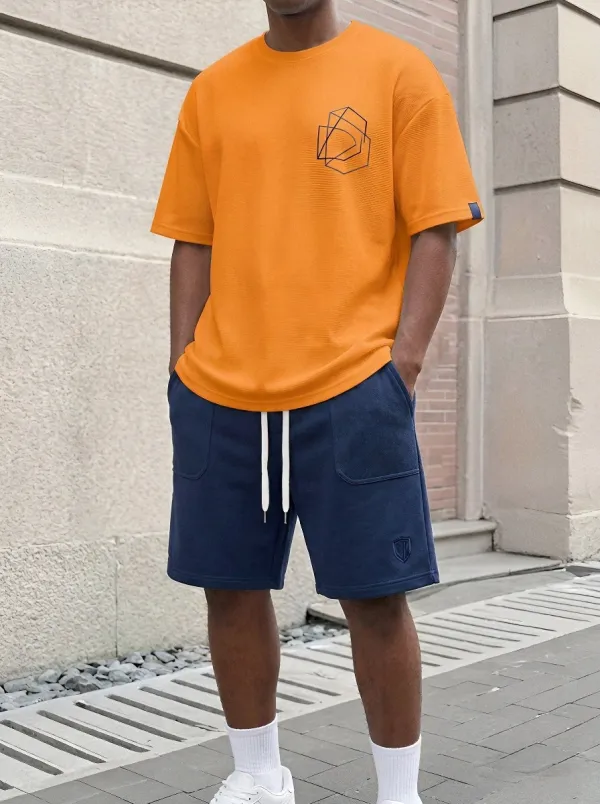 Classic Waffle Texture Geometric Pattern Design Men's T-Shirt And Shorts Set