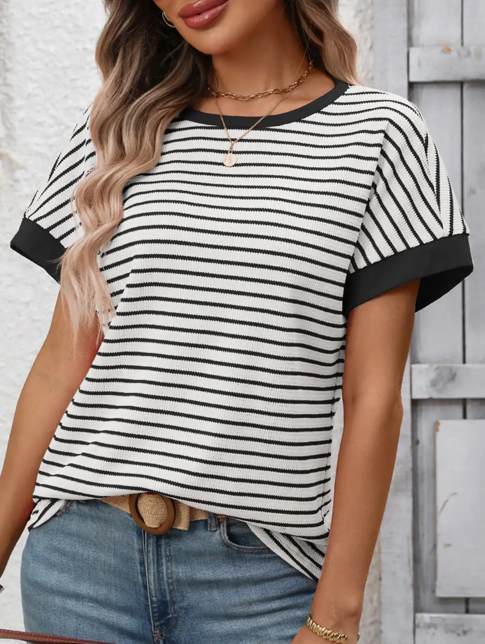 Crew Neck Patchwork Short Sleeve Tee
