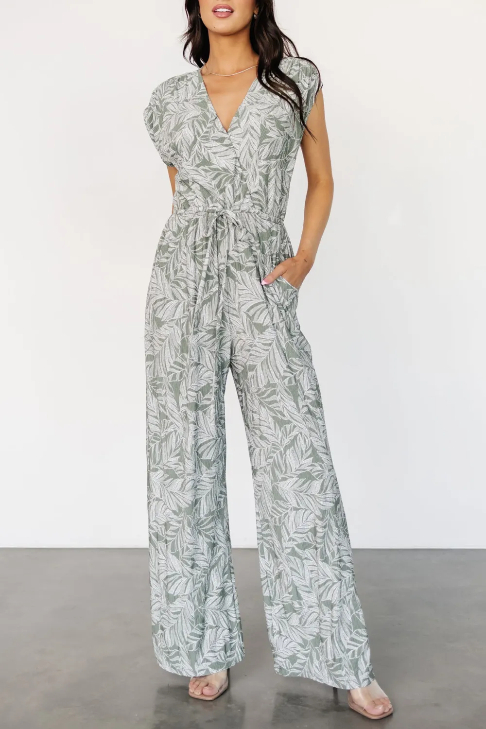 Mature Temperament High-Waisted Slimming Green Print Jumpsuit