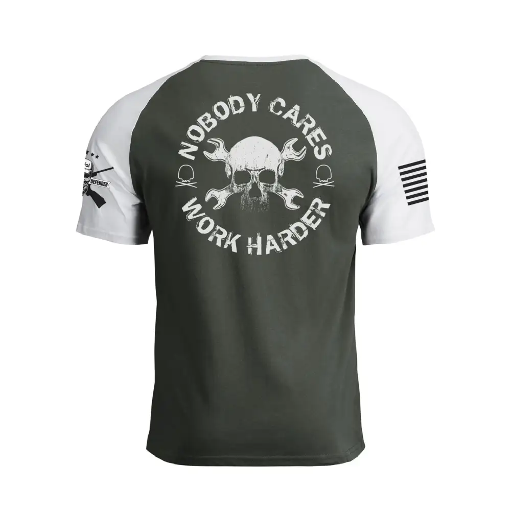 NOBODY CARES WORK HARDER 100% COTTON RAGLAN GRAPHIC TEE