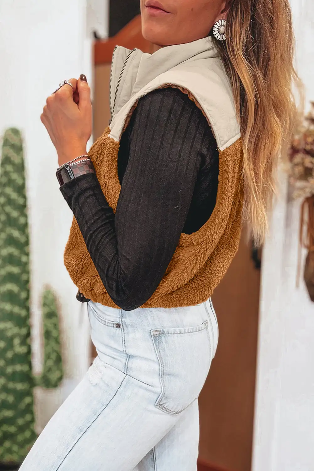 Colorblock Patchwork Zip Stand Collar Plush Vest