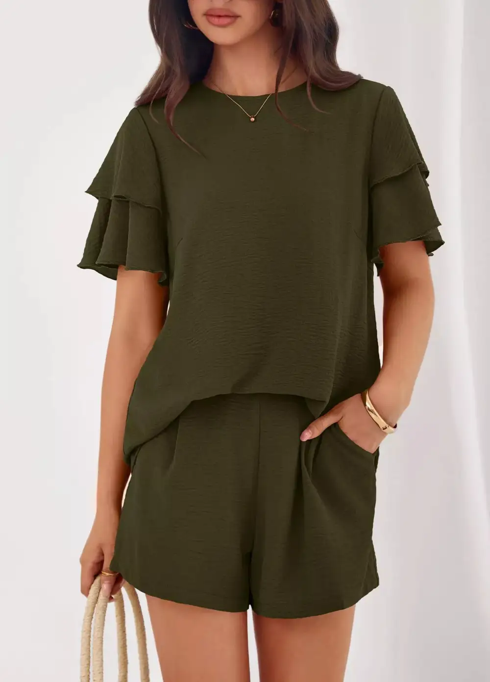 Ruffle Sleeve Top and Shorts Two-piece Set Everyday Look