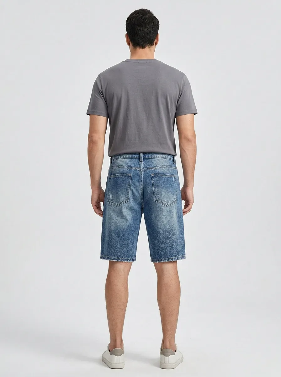 Men's Relaxed Geometric Distressed Raw Hem Distressed Denim Shorts
