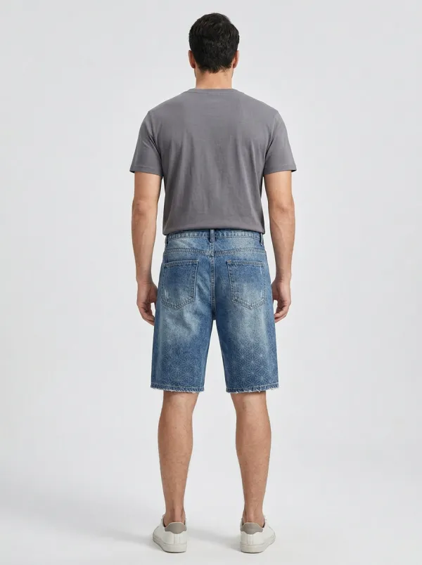 Men's Relaxed Geometric Distressed Raw Hem Distressed Denim Shorts
