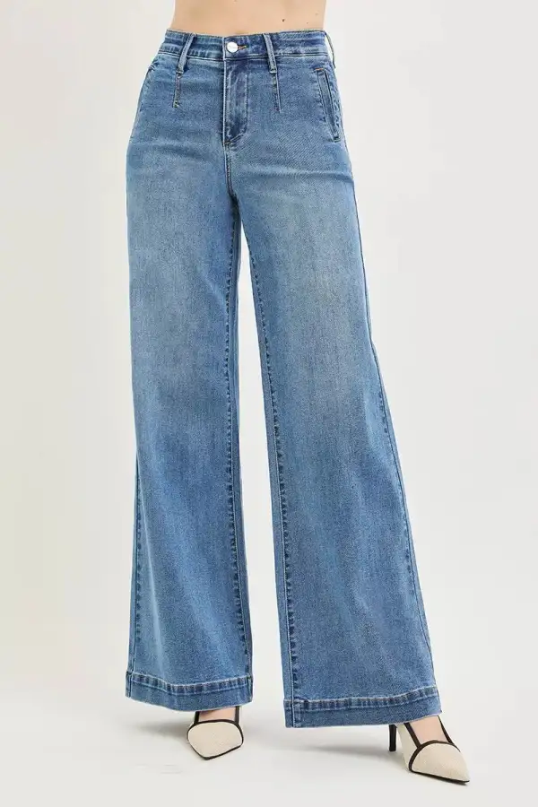 High Rise Elastic Waist Wide Leg Jeans