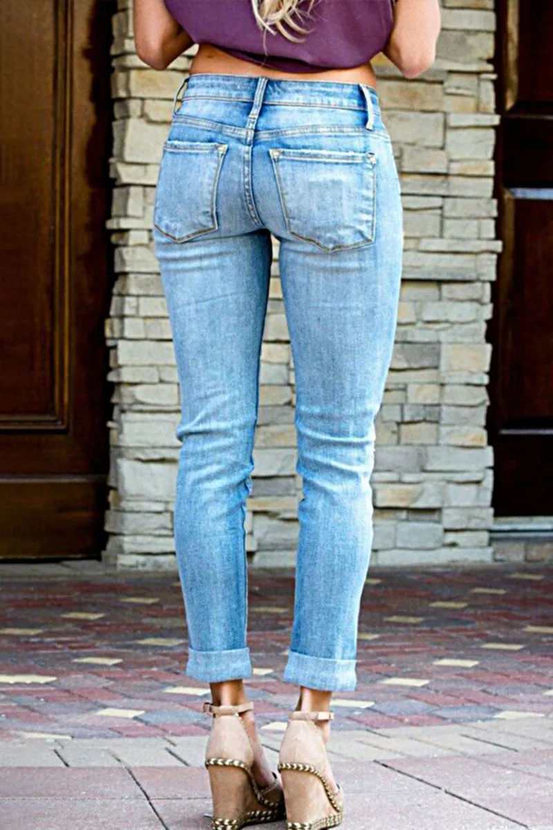 Ripped Button Fly Mid Waist Skinny Jeans