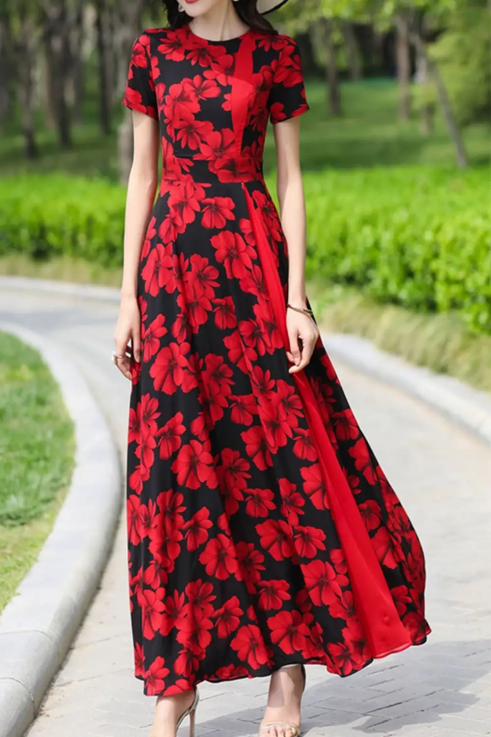 Relaxed Floral Chiffon Short Sleeve Maxi Dress