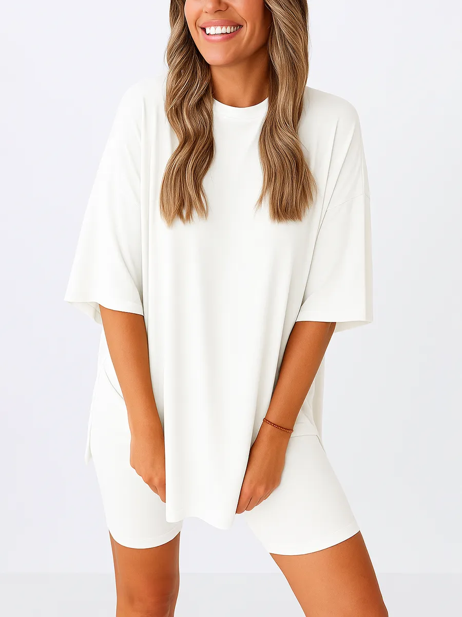 Women'S Summer Two-Piece Set 2025 Casual Oversized Shirts Biker Shorts Matching Airport Travel Outfit Split Hem Lounge