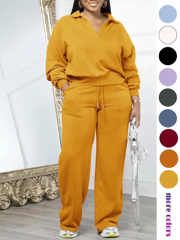 Women'S Solid Long Sleeve Sweatshirt & Drawstring Waist Pants Set