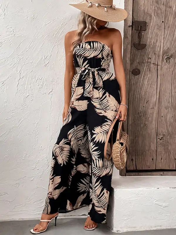 Plant Leaf Print Tube Top Jumpsuit