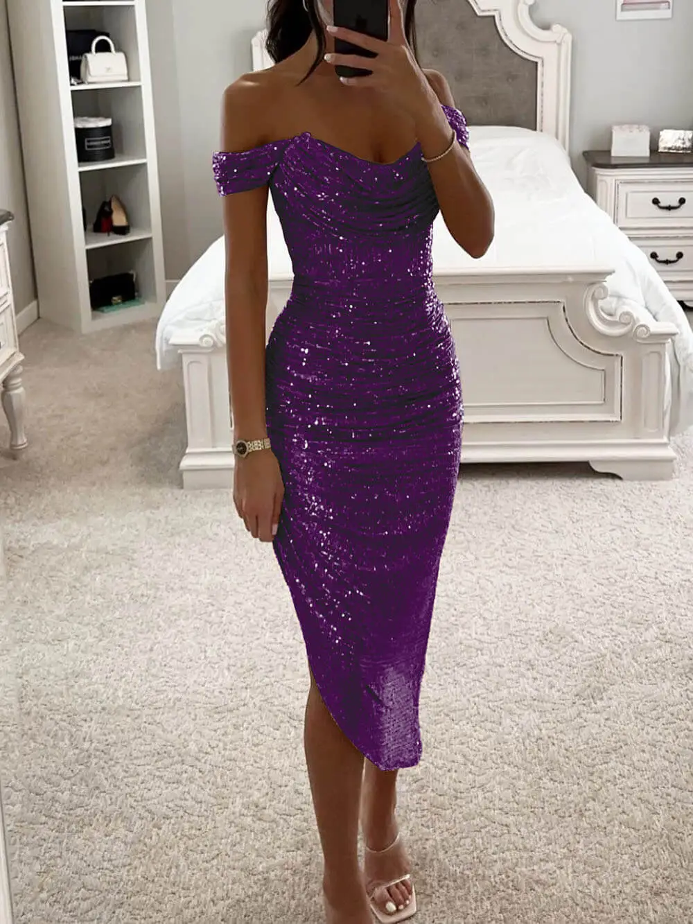 Elegant Sequin Off Shoulder Asymmetric Occasion Midi Dress