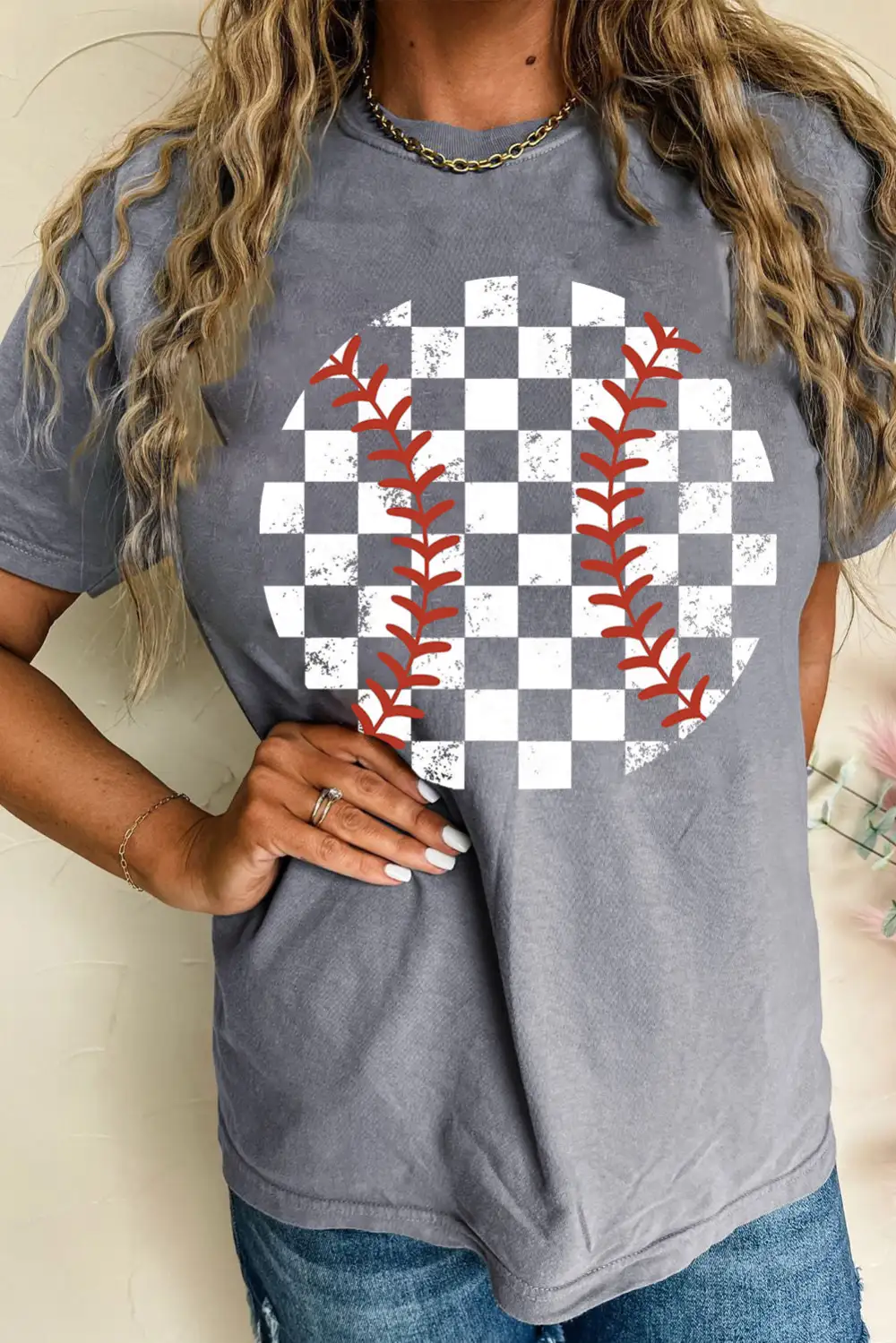 Gray Vintage Checkered Baseball Graphic