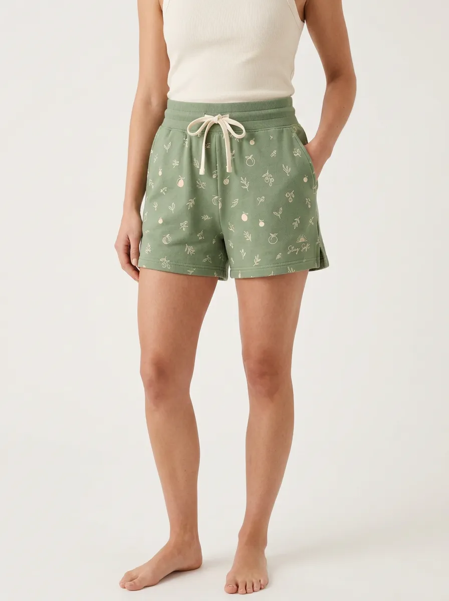 Women's Botanical Fruit Drawstring Elastic-Waist Printed Sweat Shorts