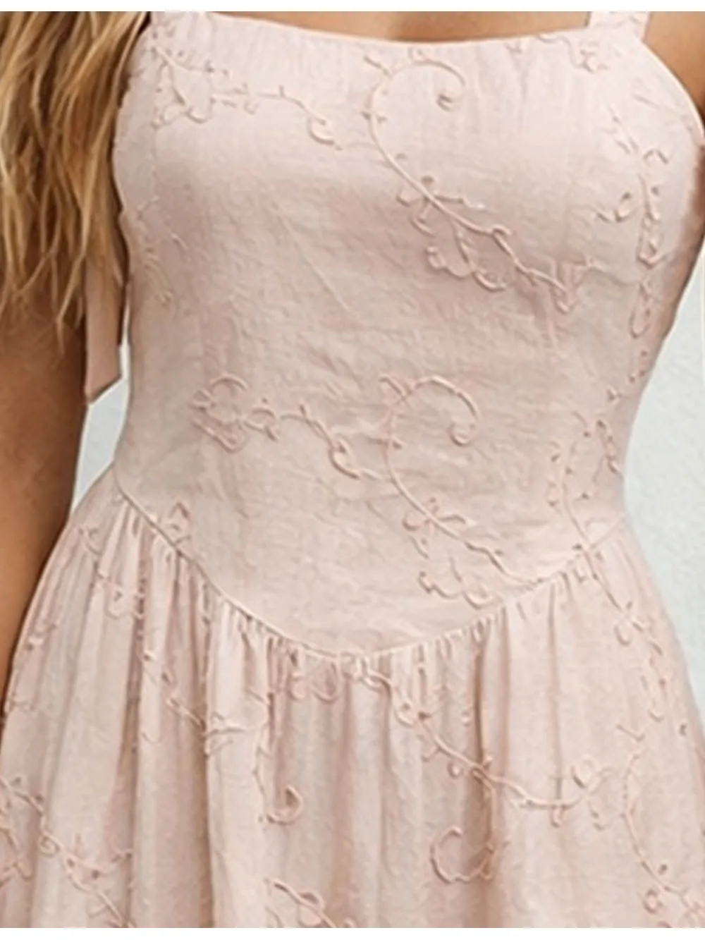 Embroidery Square Neck Shoulder Strap Midi Dress