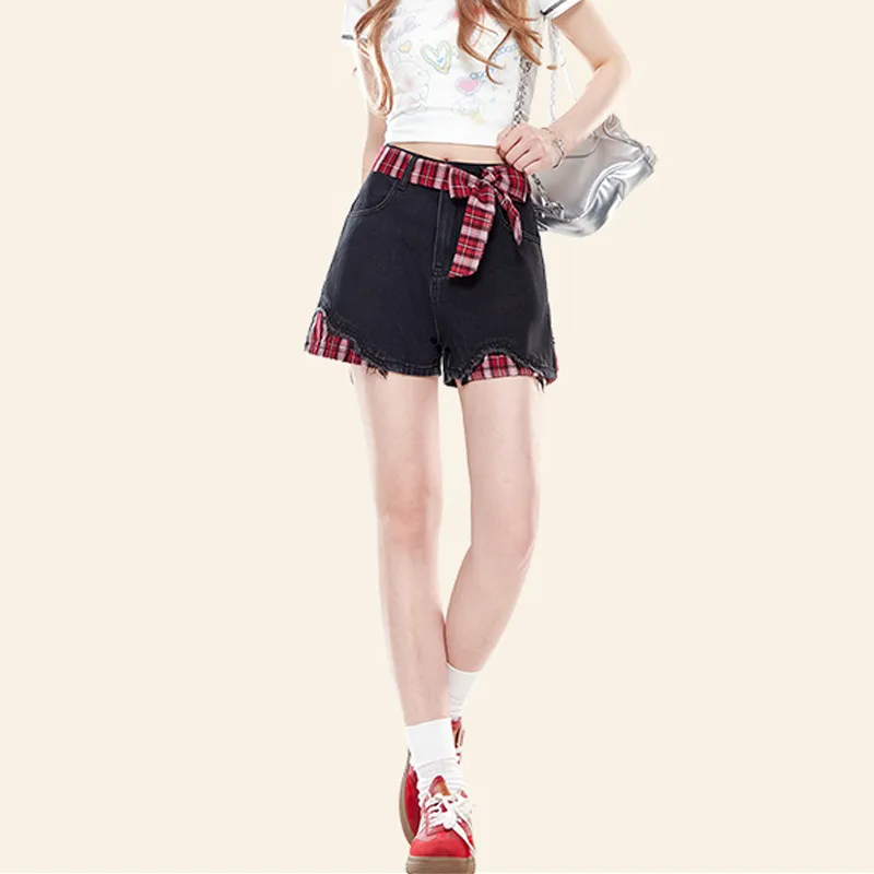 Plaid Bow Detail Denim Shorts