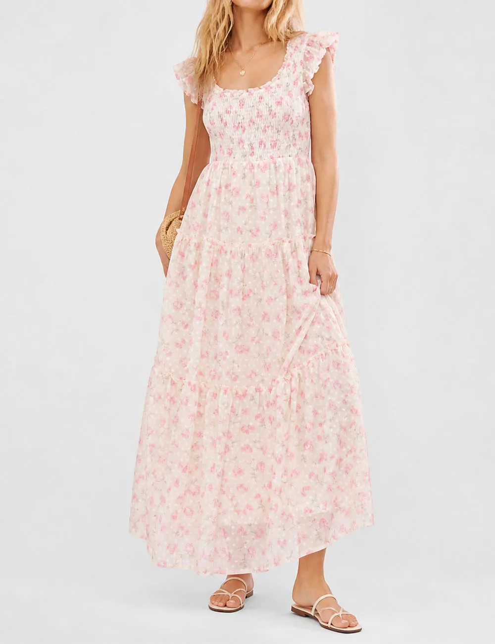 Ruffle Sleeves Tiered Hem Smocked Maxi Dress