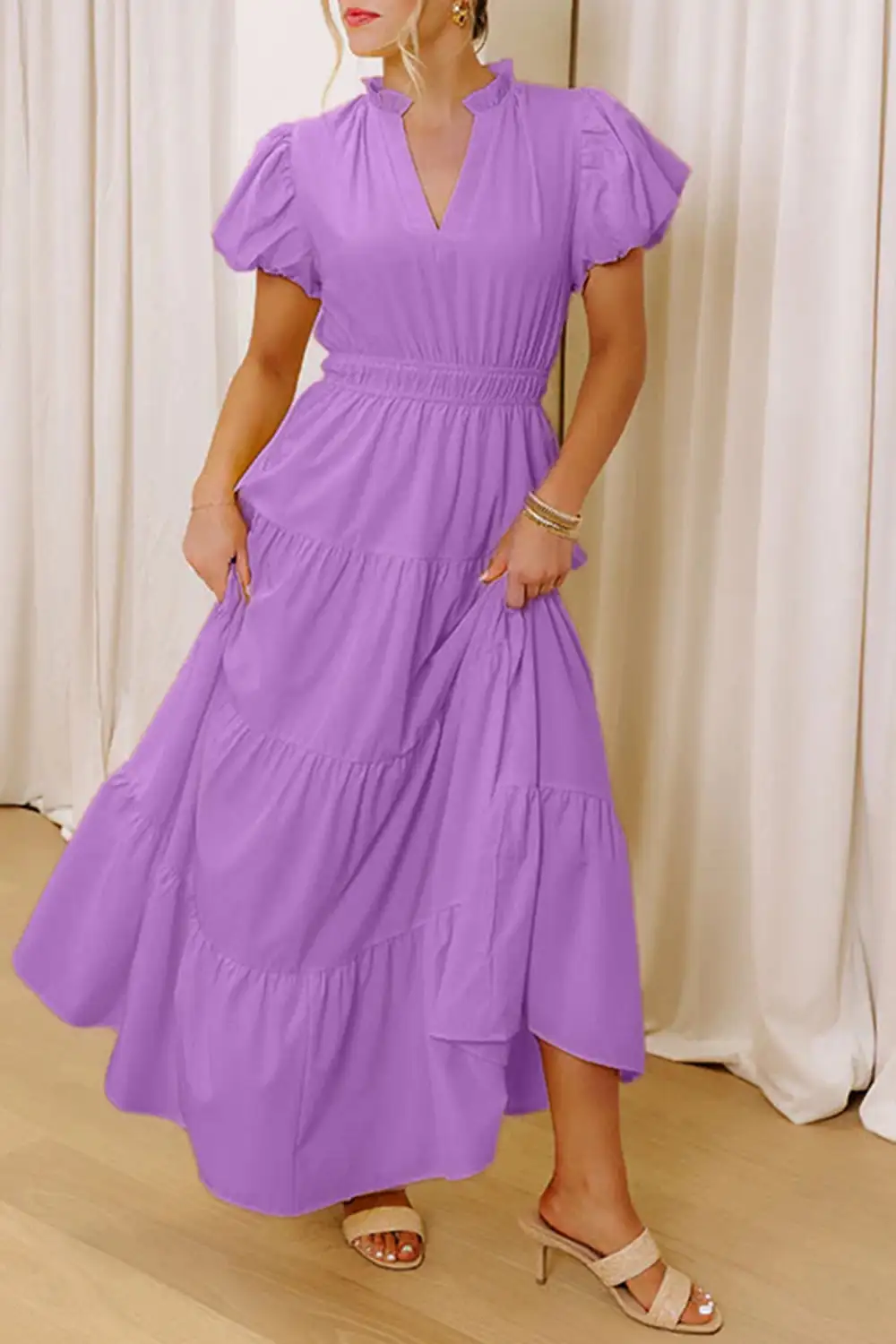 V Neck Tiered Puff Sleeve Maxi Dress