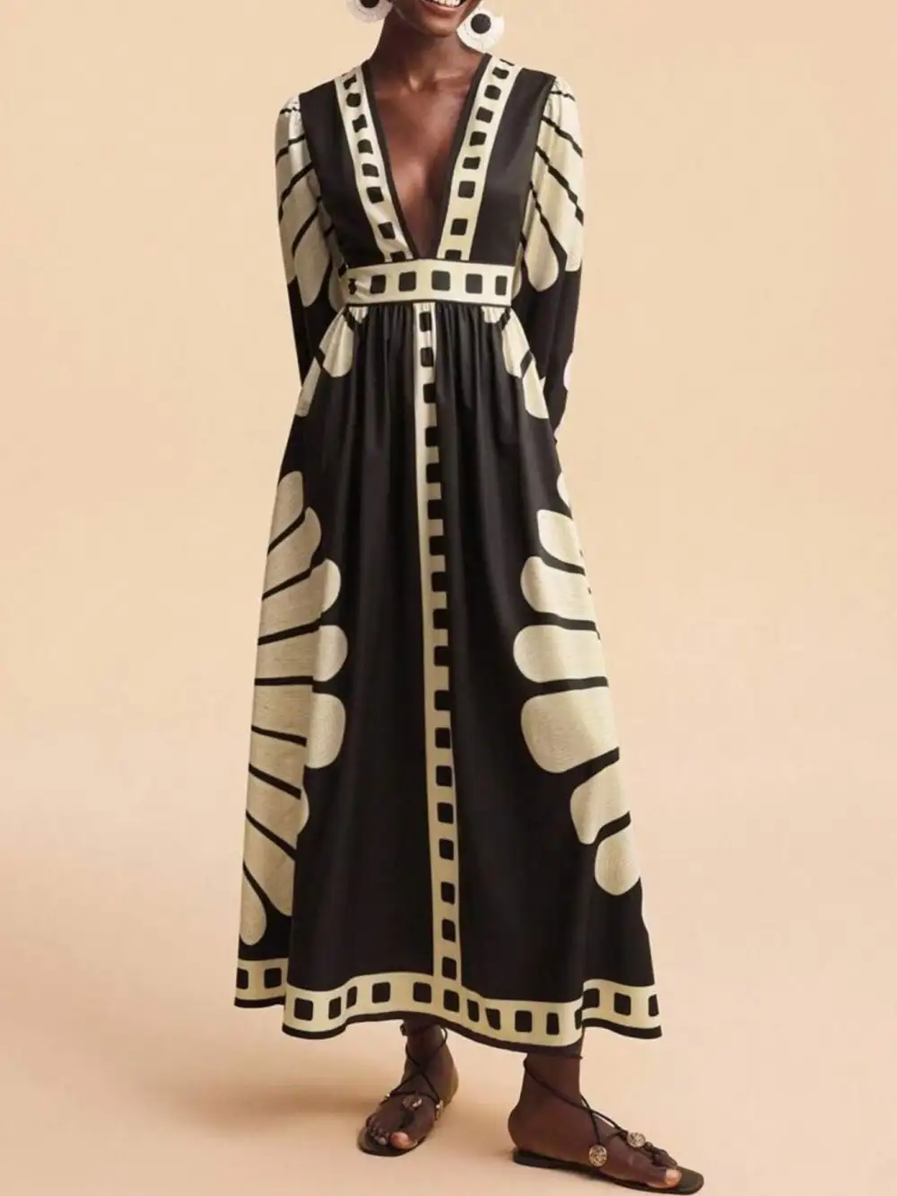 Printed Deep V Neck Long Sleeve Dress