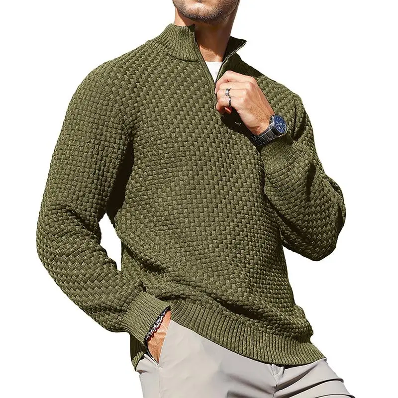 Men's Quarter-Zip Sweater Polo Zip Up Pullover Cable Knit Turtleneck Tops Long Sleeve