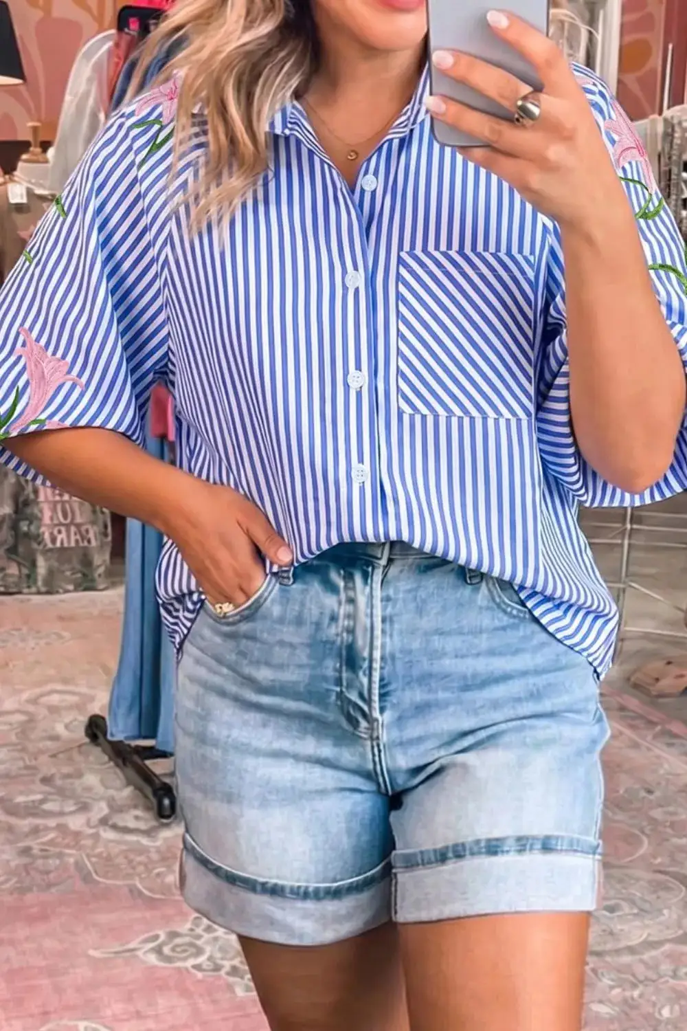 Striped Embroidered Puff Sleeve Button Down Shirt